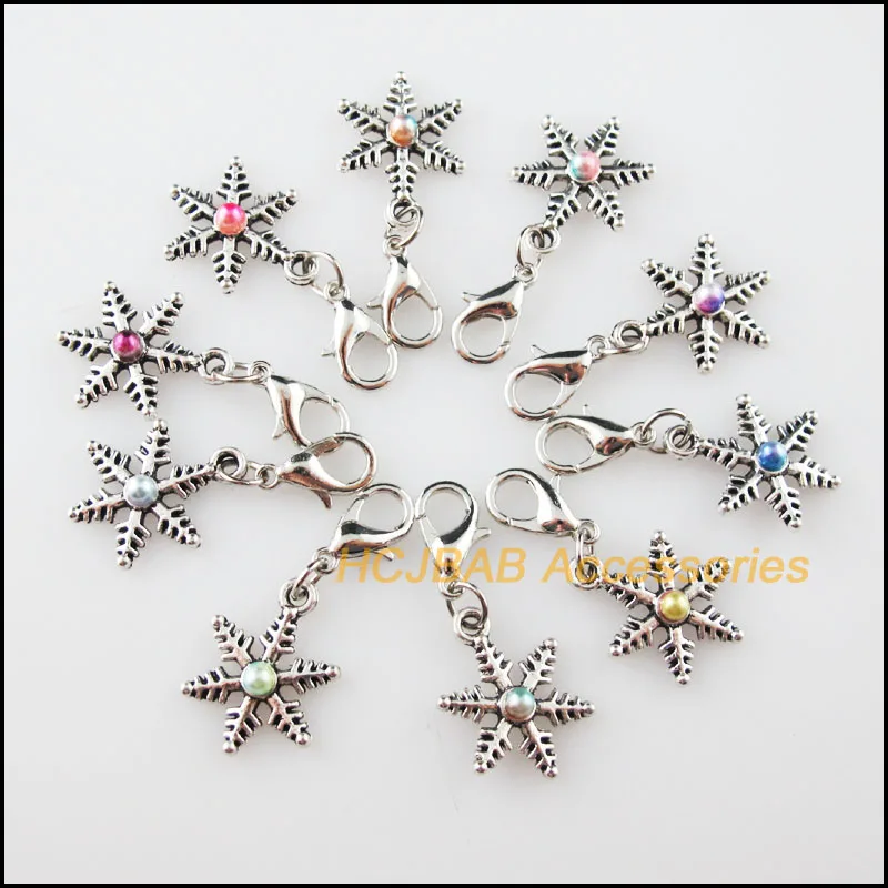 

20 New Snowflower Charms With Lobster Claw Clasps Multicolored Mixed Beads Retro