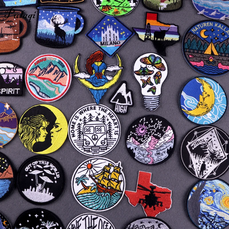 

Embroidery Patches for Clothes Iron On Nature Landscape Patches For Clothing DIY Stripes Mountain Wave Stickers Applique Sewing