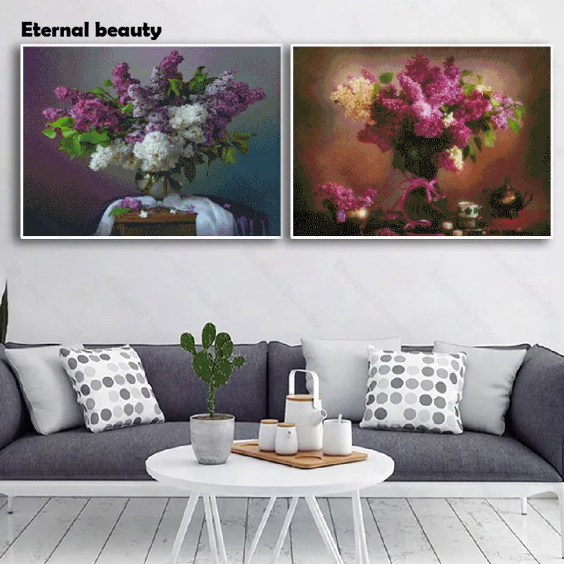 

Diamond Painting Lilac Flower In Vase Needlework Pictures of Rhinestones Full Round Square Drill Diamond Embroidery Home Decor