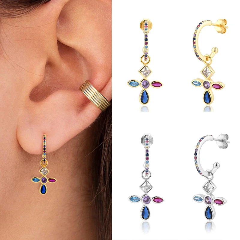 

925 Sterling Silver Ear Needle Hoop Earrings Cross Gold Silver Colorful Zircon Pendant Fashion Jewelry Party Birthday Gift