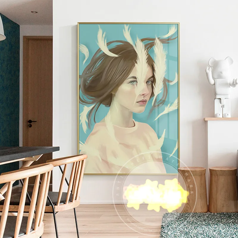 

NordicComic girl Canvas Feather Bird Poster Print Modern Lady Women Wall Art Painting for Living Room Girl Bedroom Anime Cuadros