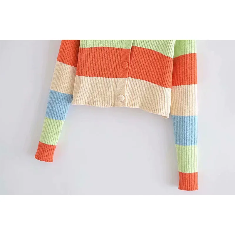 

Women 2021 Autumn Colorful Striped Rib Knit Cropped Cardigan Coat Za Female Lapel Long Sleeve Single Breasted Casual Sweaters