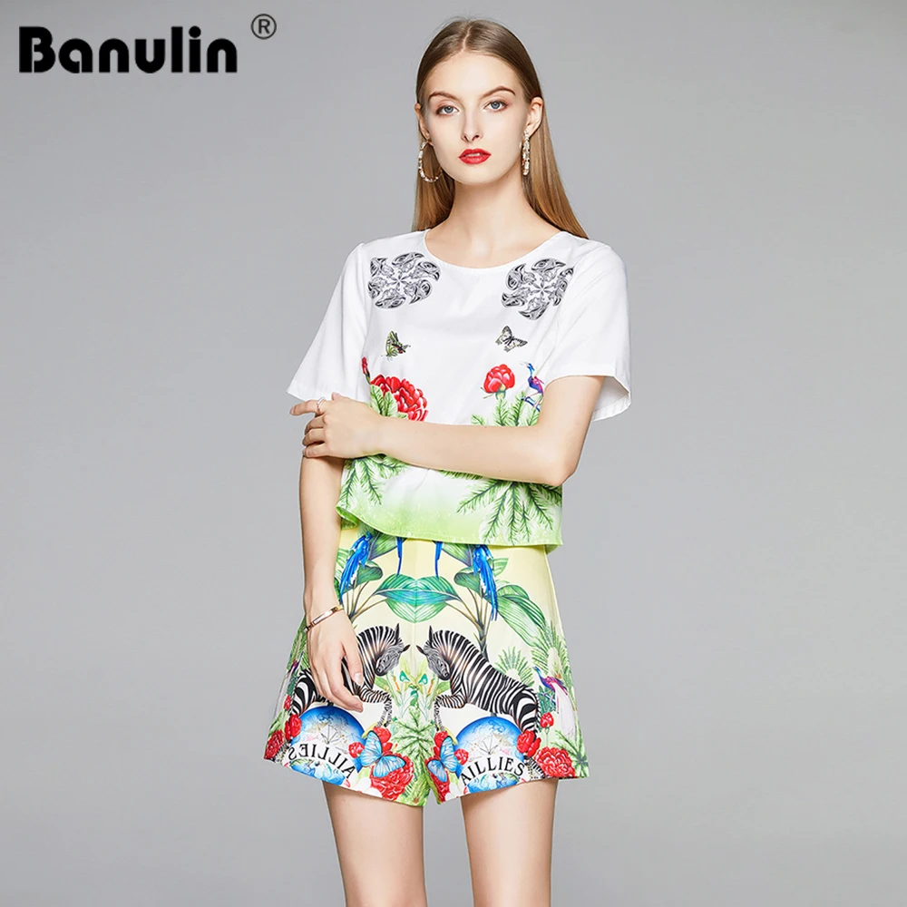 

Runway Designer Summer Shorts Set Women's Short Sleeve Animal Floral Print Shirt Top + Wide Leg Shorts Female Two Piece Outfit