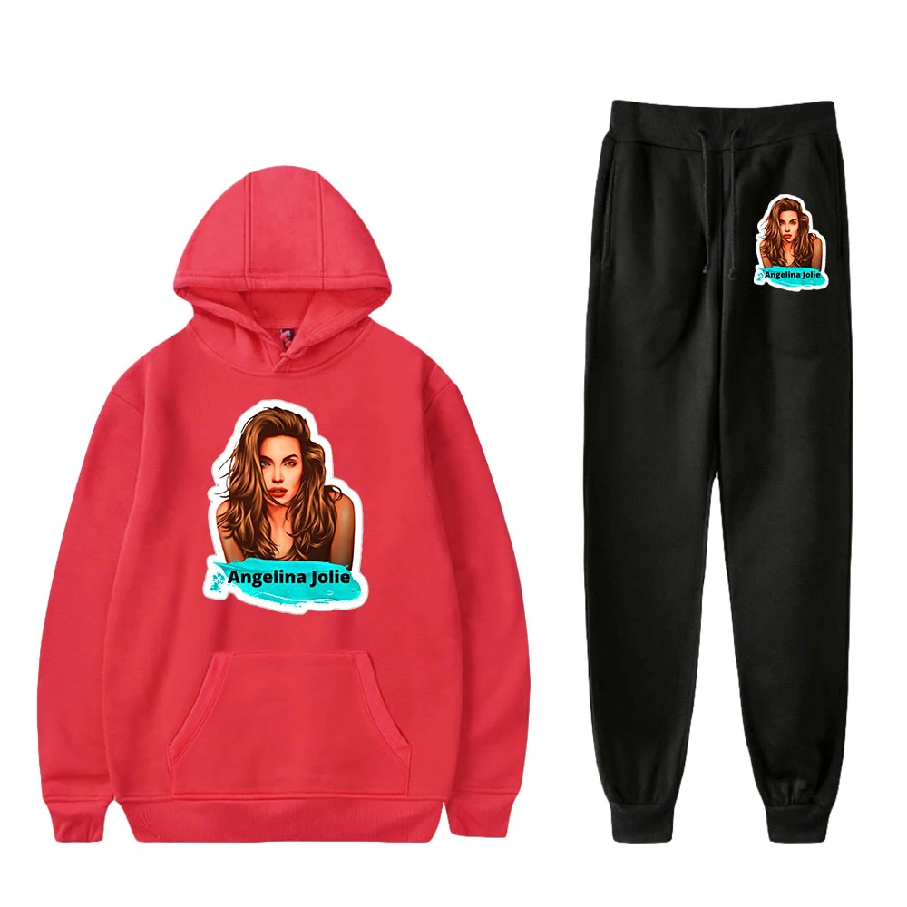 

Actress Angelina Jolie Sweatshirt Unisex Two Piece Set Hoodie+Jogger Pant Harajuku Streetwear Fashion Clothes Women Men's Set