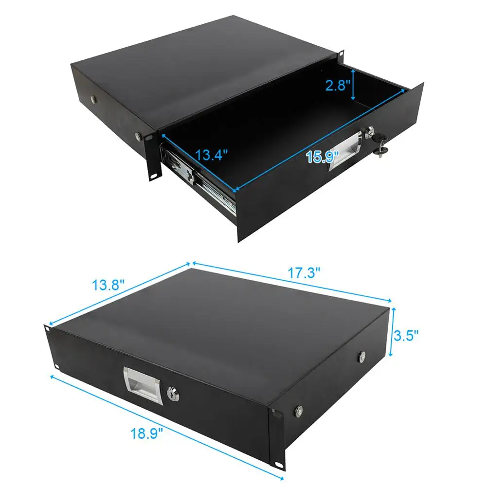 

19" 2U Steel Plate DJ Drawer Equipment Cabinet with Solid Lock Keys Black