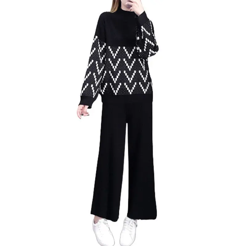 

Two Piece Loose Pullover Knit Suit Long Sleeves O Neck Sweater And Elastic Ankle-Length Pants Women High Waist Sports Outfit Kit