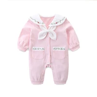 spring autumn sailor collar baby rompers newborn embroidery baby girls clothes pink baby clothes for girls with 2 pockets 0 2y