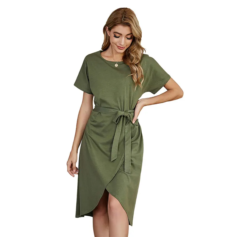 

KNOYEER Short Sleeve O Neck Asymmetrical Dresses For Women Vintage 2021 Solid Color Boho Casual Summer Dress Sashes Party Robe