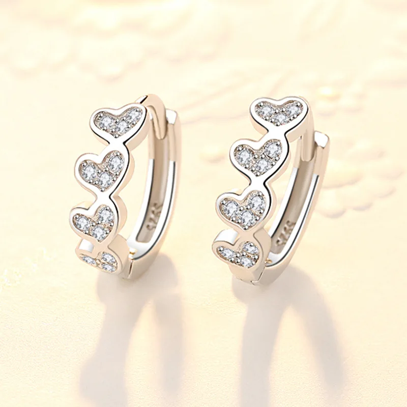 

925 Sterling Silver Crystal Heart Charm Stud Earrings For Women Girl Elegant Jewelry Prevent Allergy eh1242