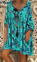 women fashion casual v neck dresses loose t shirt tops tunics blouse short sleeves dress beach dress printing dress plus size