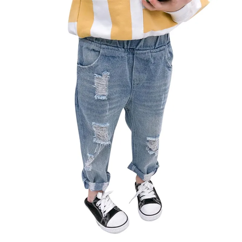Детские рваные джинсы для мальчиков и девочек модные узкие голубые джинсовые