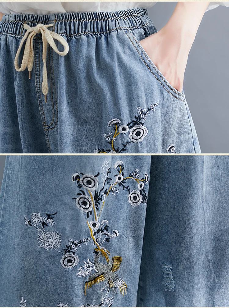 

Literary Wide Leg Pants Embroidered Women's Trousers Elastic Waist Jeans For Women Pantalon Taille Haute Femme Capris Trousers