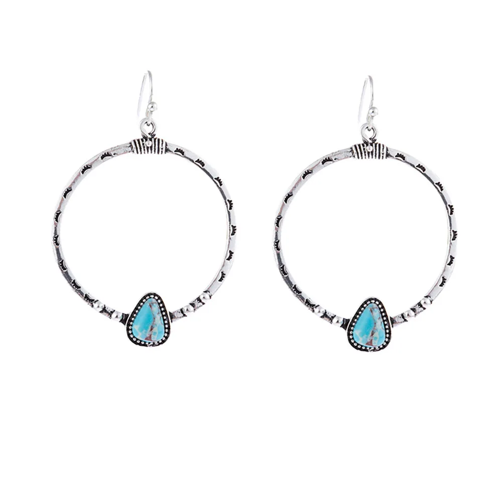 

Bohemia Women's Big Round Turquoise Drop Earrings Long Hoop Hanging Earrings Jewelry Silver Earrings