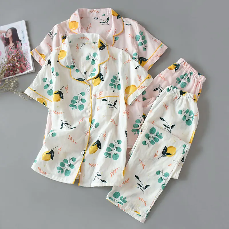 Японские кимоно летние пижамы дамы юката с коротким рукавом брюки хлопок марля