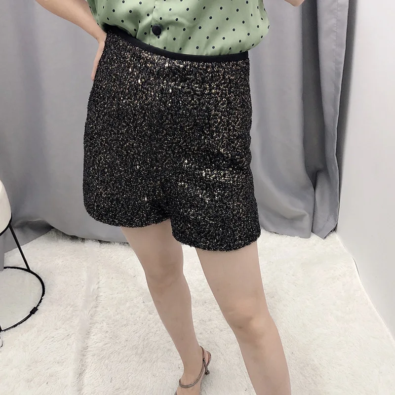 

Summer Casual Sequin Harem Shorts 2021 Women Fashion Chic Commute High Waist Shorts Elastic Waist Sexy Black Straight Shorts