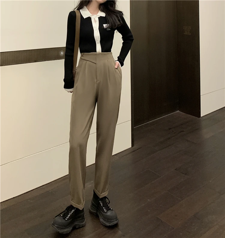 

Black Suit Pants Women's Spring and Autumn New Korean Style Loose Tappered Pants Casual Versatile High Waist Slimming Cropped