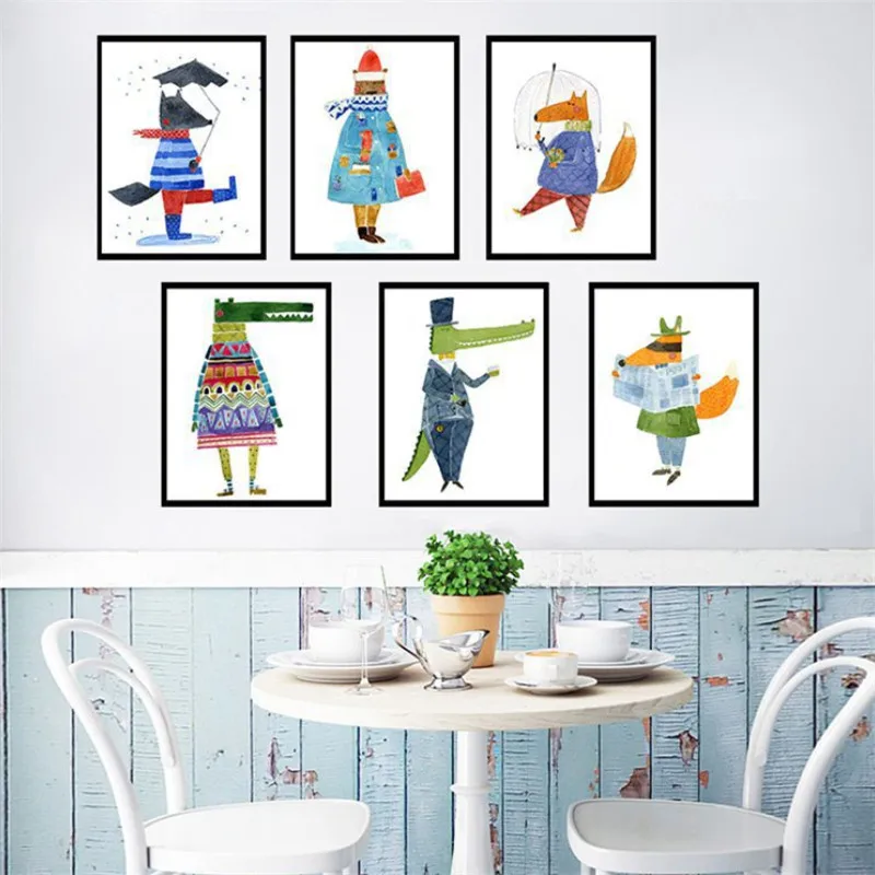 Мультяшное животное крокодил лиса волк детская настенная живопись на холсте