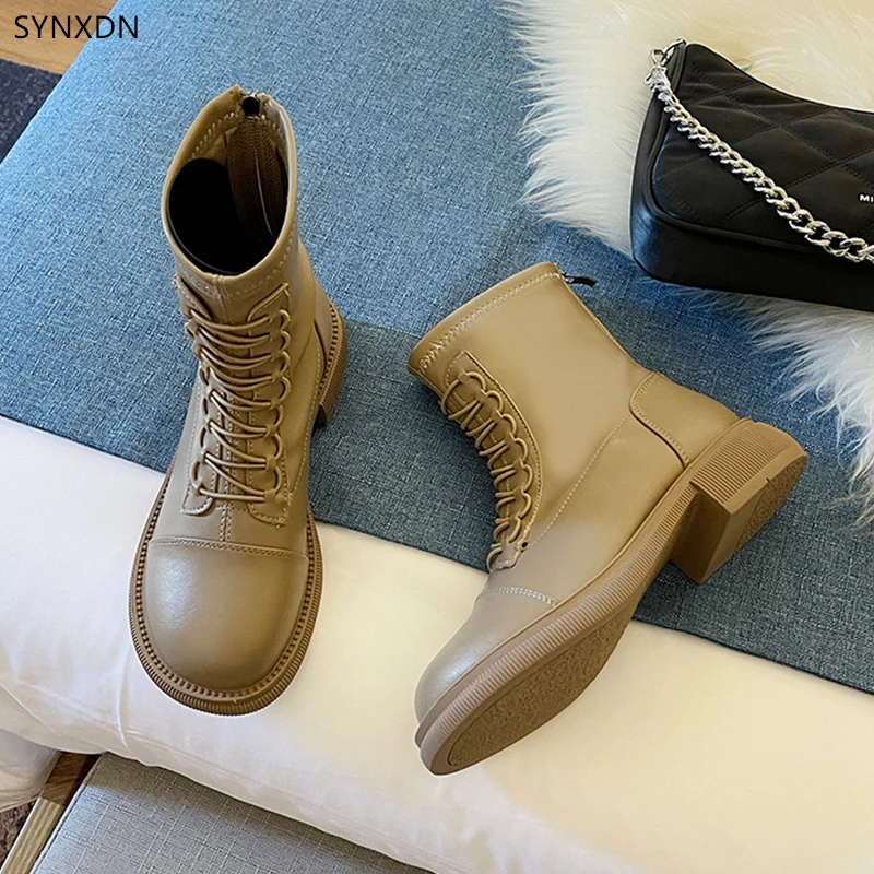 

SYNXDN Mid Calf Women Chelsea Boots Leather Mujer Punk Motorcycle Boots Elastic Cross-tied Botines Zip