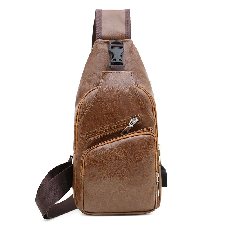 Solid light brown Мужские сумки через плечо, мужская сумка на груди с USB, дизайнерская сумка через плечо, кожаные сумки на плечо, диагональная упаковка, рюкзак для путешествий - Цвет: Solid light brown