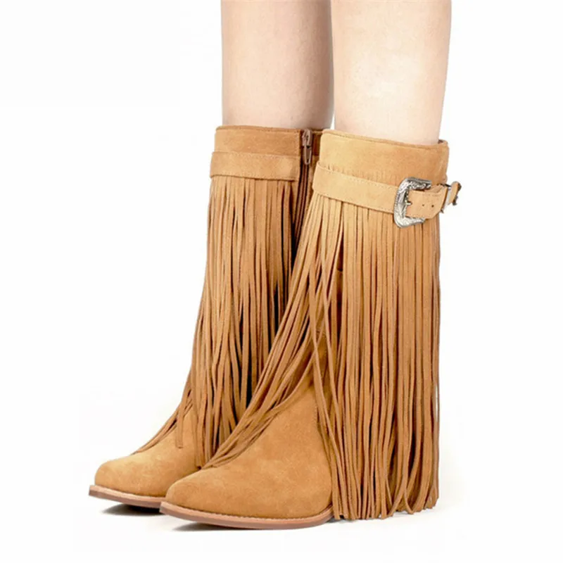 Женские высокие ботинки с бахромой осенне-зимние замшевые длинные на массивном