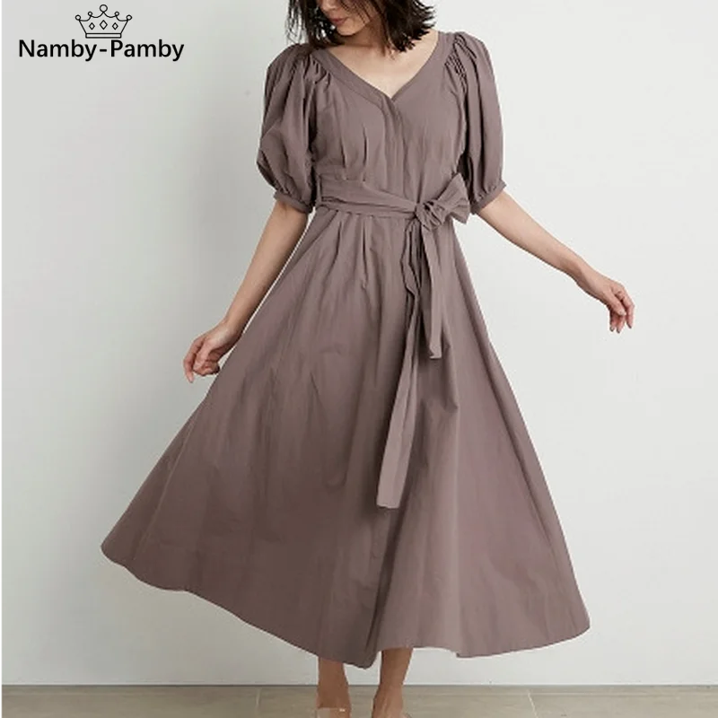 

2021 Fashion V Neck Short Sleeve Drawstring Vestidos Elegant High Waist Woman Dress Summer Elegant Temperament Draped Robe