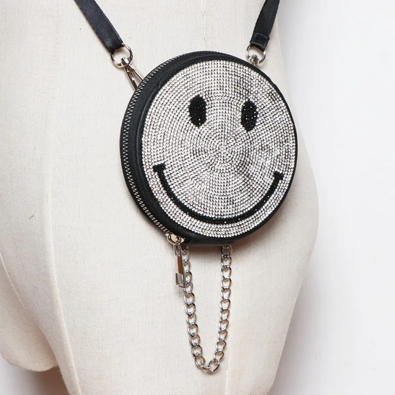 

DAEYOTEN Diamond Bags for Women 2022 Cute Smiling Face Small Round Bag Single Shoulder Messenger Bag Summer Chain Handbag ZM0755