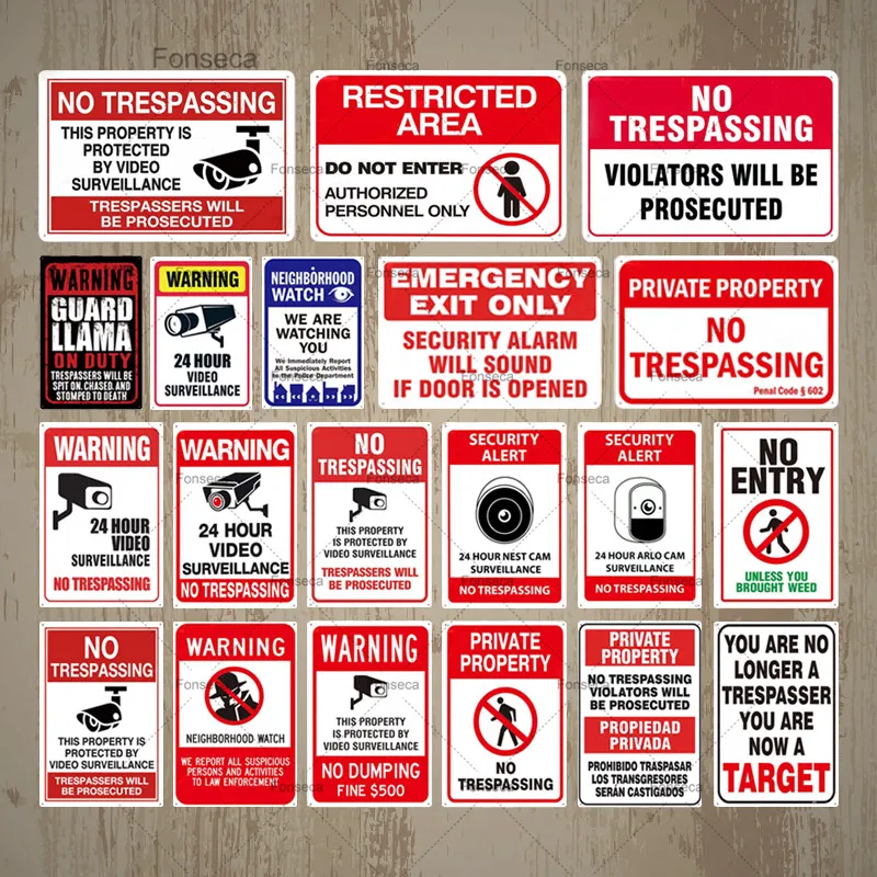 

No Trespassing No Entry Metal Signs Warning Plaques Tin Plates Video Surveillance Sign Wall Decor For Yard Farmhouse Iron Poster