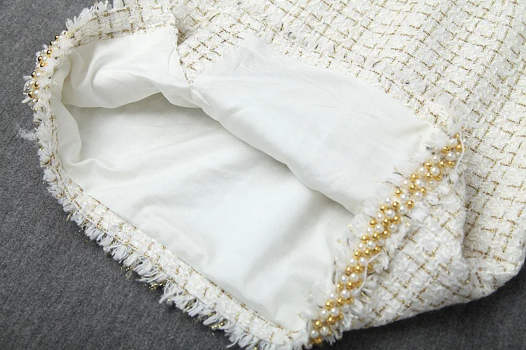 

New 2019 autumn winter women formal tweed jacket pearls beading small pocket + mini skirt suit two piece outfits blue beige