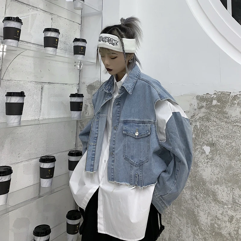 Harajpoo Women Waistcoat Retro Ins Spring Autumn 2021 Harajuku Jean Cropped Salt Jacket Men Casual Fashion Japanese Vest Lapel | Женская