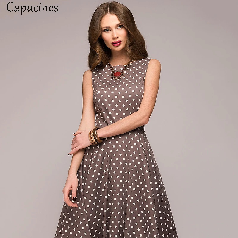 Capucines Элегантные Платье в горошек женское О образный вырез безрукавный А силуэт