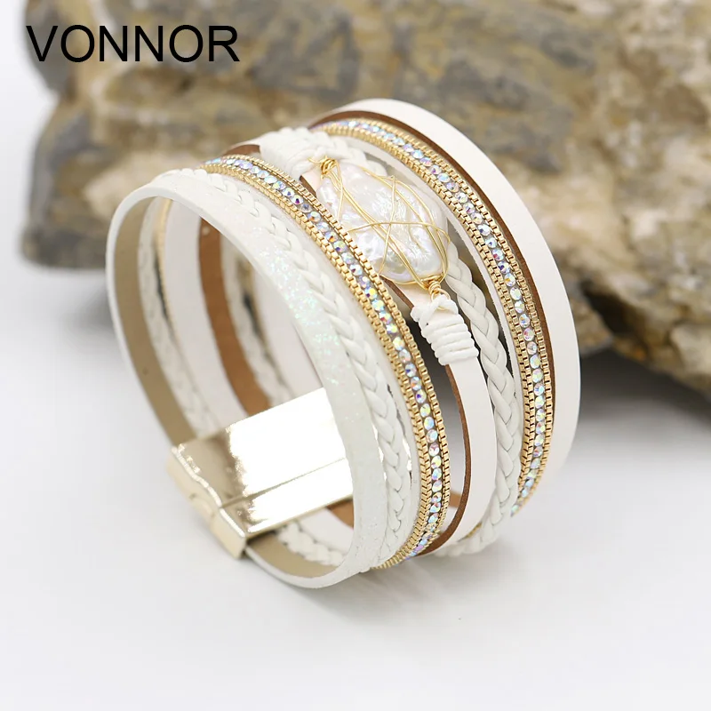 Женский браслет с искусственным жемчугом многослойные кожаные плетеные