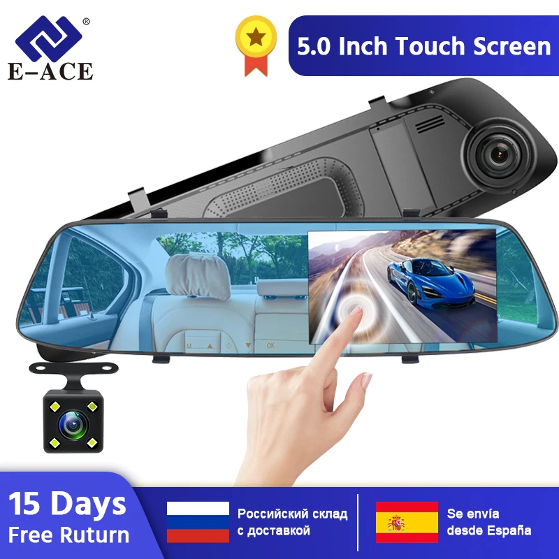 E-ACE, Автомобильный видеорегистратор, 5 дюймов, сенсорный экран, двойной объектив, зеркало заднего вида, видео регистратор, FHD 1080 P, Автомобильный видеорегистратор, зеркало, видеорегистратор