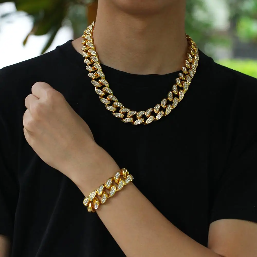 Комплект из колье и браслета золотистого цвета 2 см с кристаллами Iced Out Майами