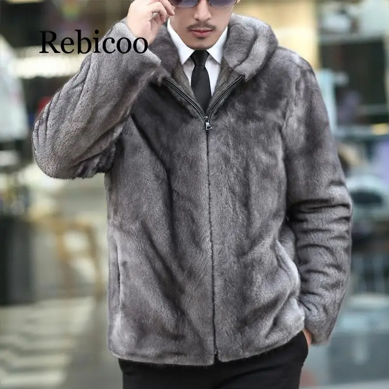 

2019 mink leather men's leather coat lapel tie home leather hooded jacket coat men's fur coat