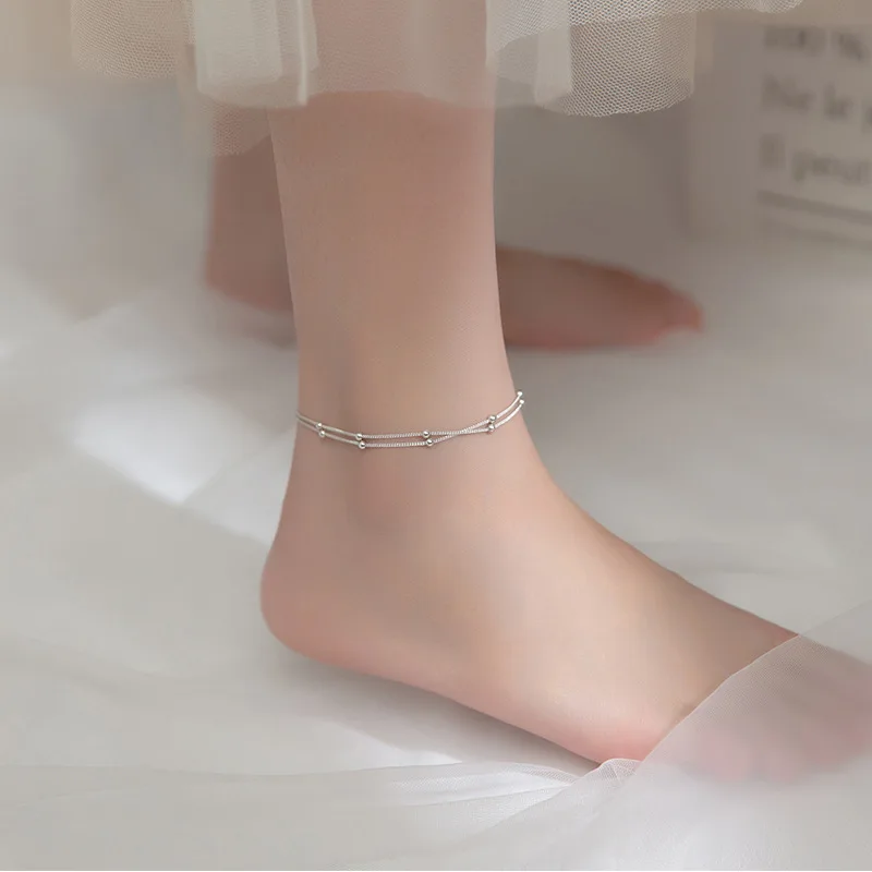 

Silver 925 Anklets Simple Double Link Chain Summer Beach Jewelry Beads Foot Anklets Women Birthday Teen Girls 20.5CM Adjustable