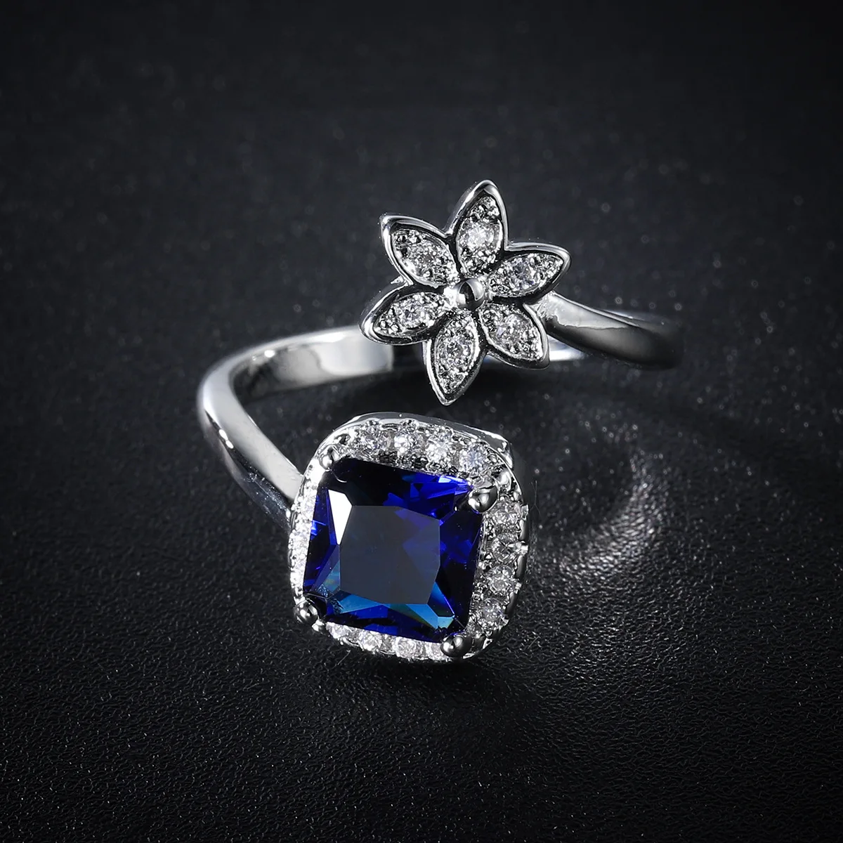 

Luxury Female Crystal Flower Open Ring Classic Silver Color Engagement Ring Dainty Blue Square Zircon Wedding Rings For Women