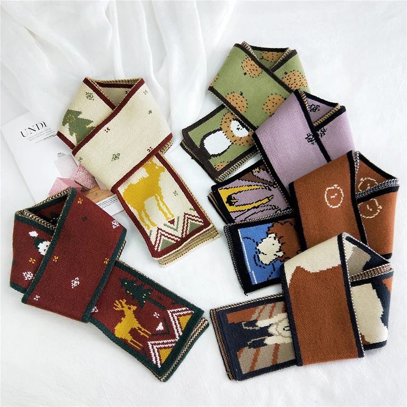 

Cartoon Elk Pattern Collar Neck Warm Neckerchief Double-sided Scarves Thick Christmas Long Shawls Korean Style Knitted Scarf