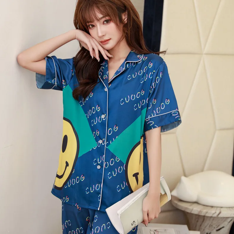 Повседневная Пижама с принтом женская одежда для отдыха атласная сна комплект из