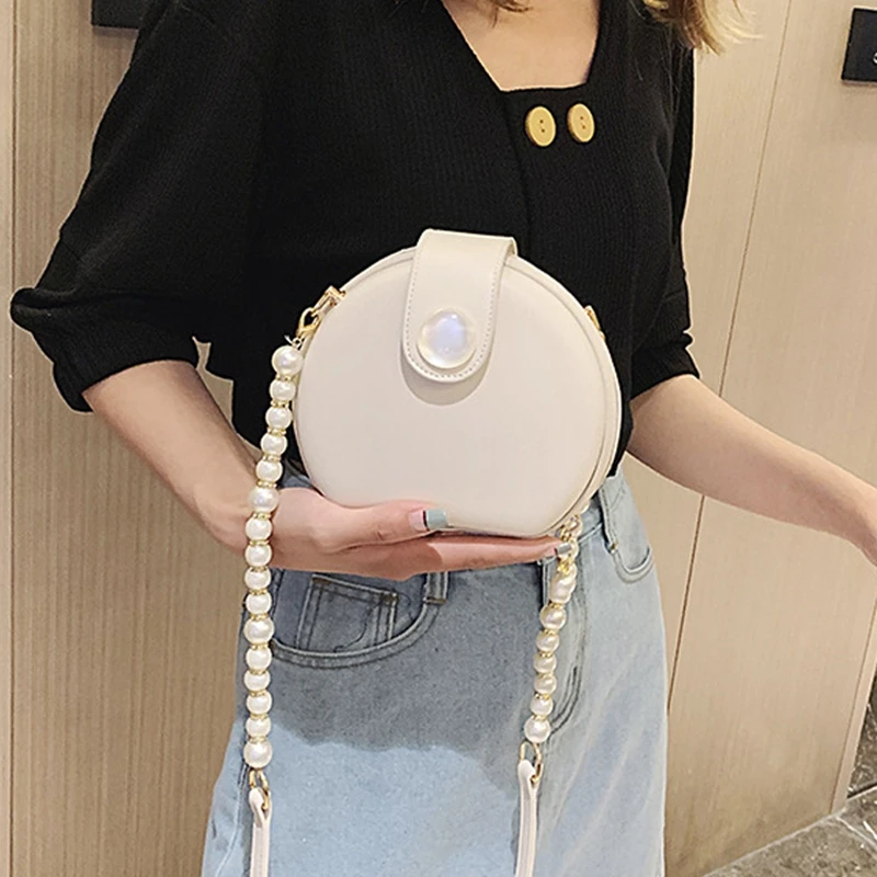 

Elegant Female Round Bag New Quality PU Leather Women's Designer Handbag Pearl Chain Shoulder Messenger Bag Purses