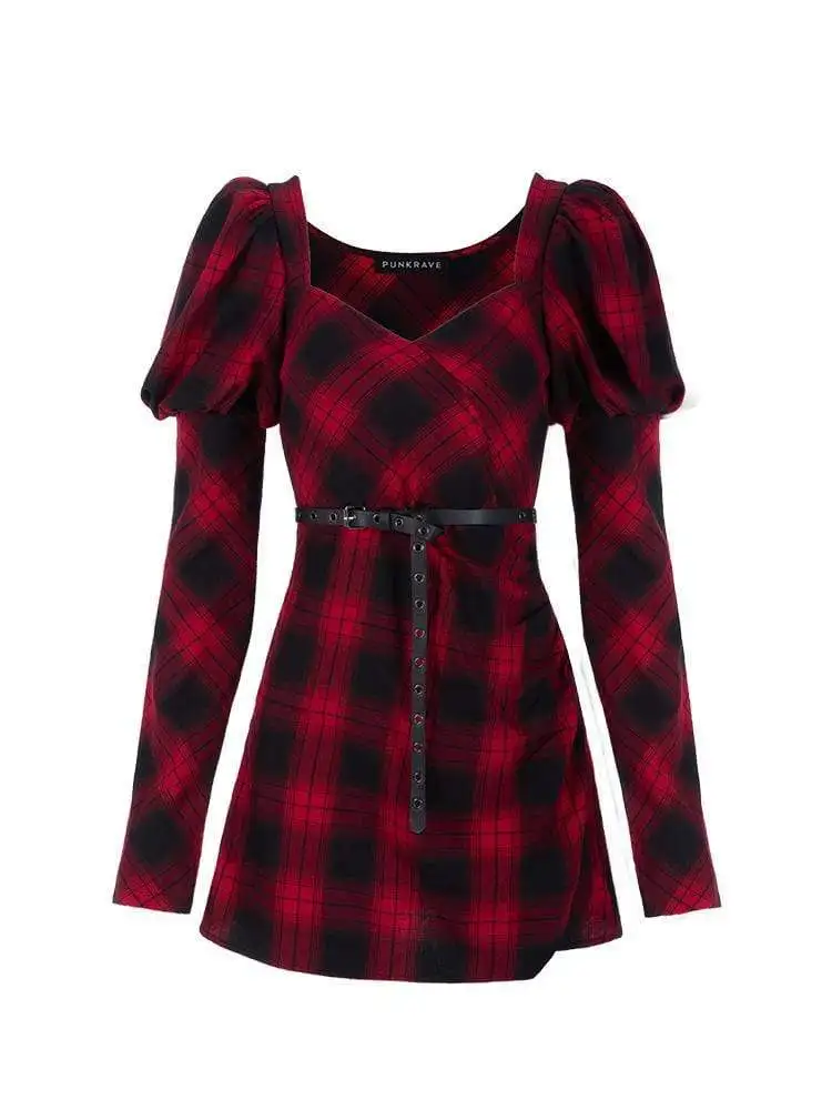 Панк Rave женщин квадратный воротник слоеного плеча плед платья с поясом PQ-735LQ |