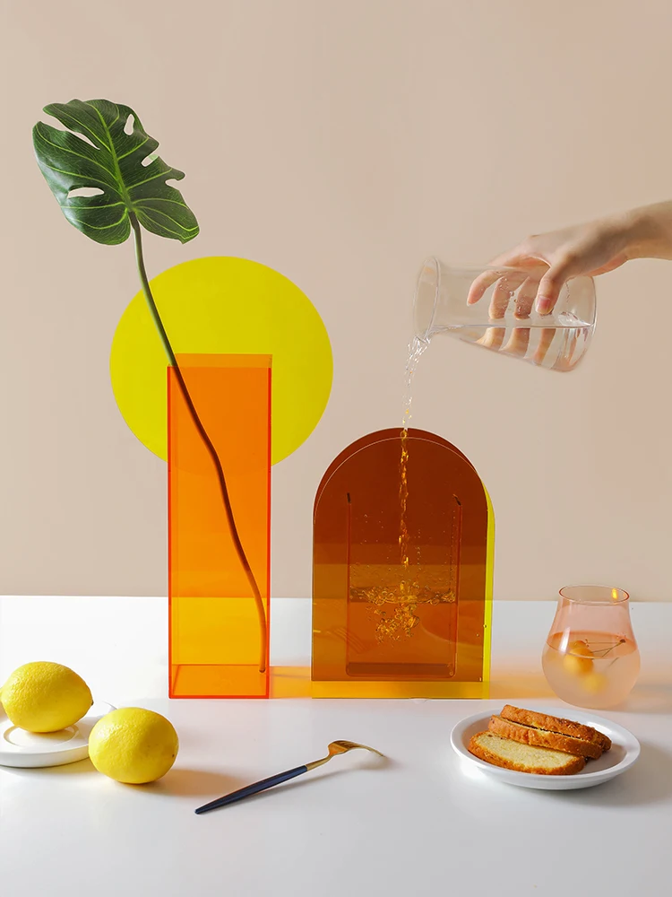 

Nordic Colorful Acrylic Glass Vase Simple Art Geometric Transparent Flower Arrangement Bottle Magic Sunrise Daybreak Home Deco