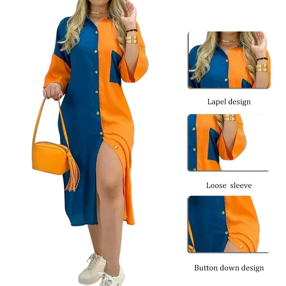 

Ladies Dress Fashion Color Matching Slim Short-Sleeved Shirt Dress Casual Home Street Commuter Plus Size Dress Women