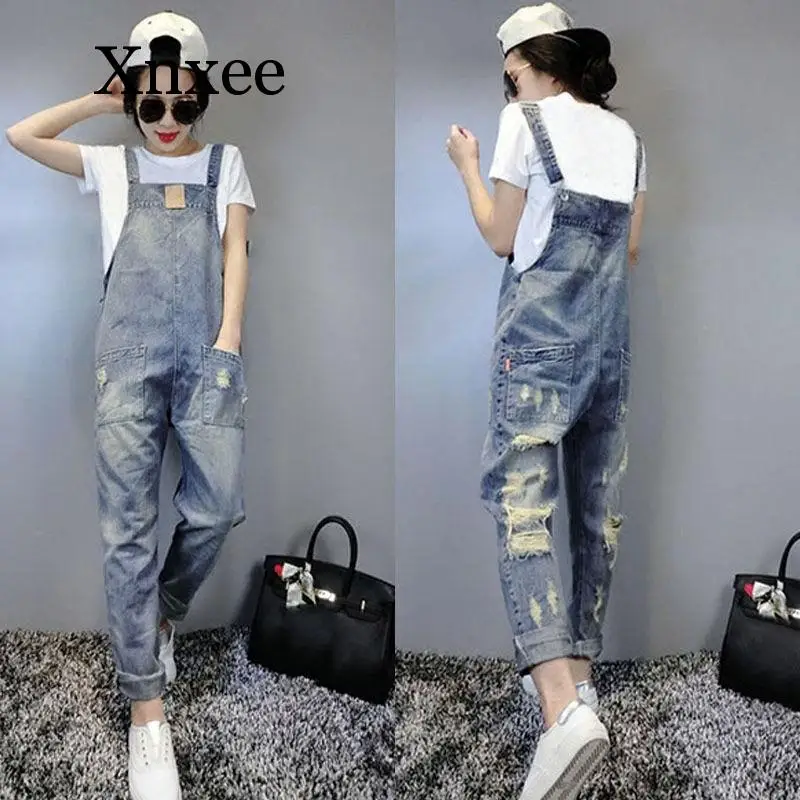 

women clothing denim washed fabric rompers summer/autumn HOLE overalls women jumpsuit suspenders jeans long women overalls jean