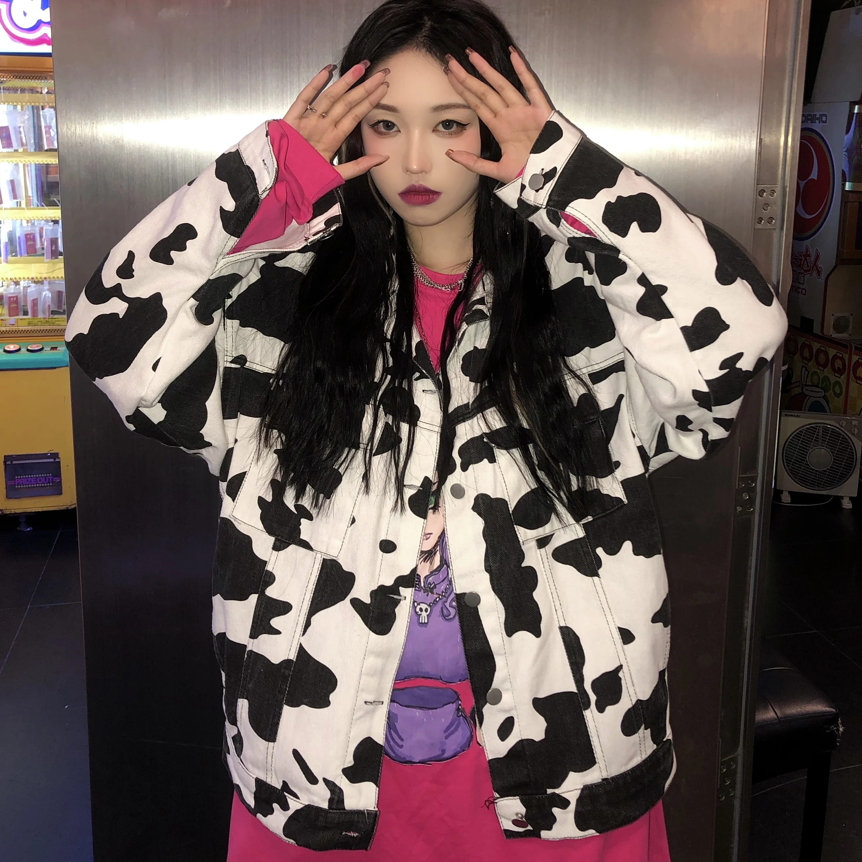 

Korean Autumn Winter New Harajuku Daniel Coat Vintage Cow Printing Full Sleeve BF Style Loose Casual Lazy Streetwear Cowboy Coat