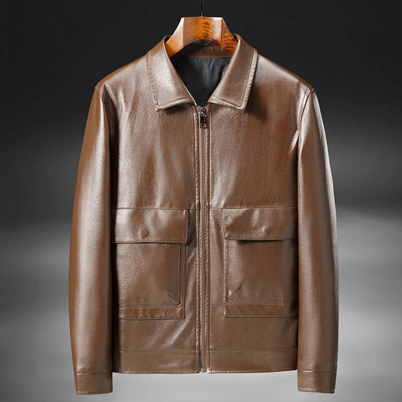 

Mens PU Jacket Autumn Solid Color Black Brown Leather Jackets Slim Fit Coat Fashion Travel Outdoor Outerwear Male High Quality