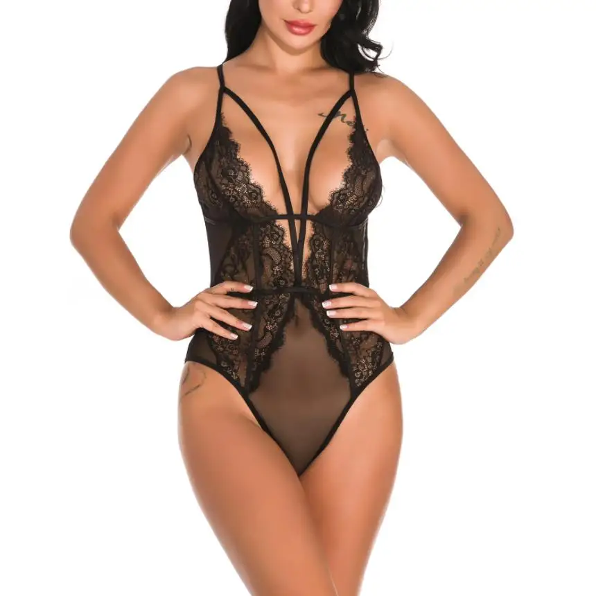 

Women Sexy Bodysuit Plunging Neckline Sleeveless See-through Lace Hem Teddies Wine Red/ Black/ White