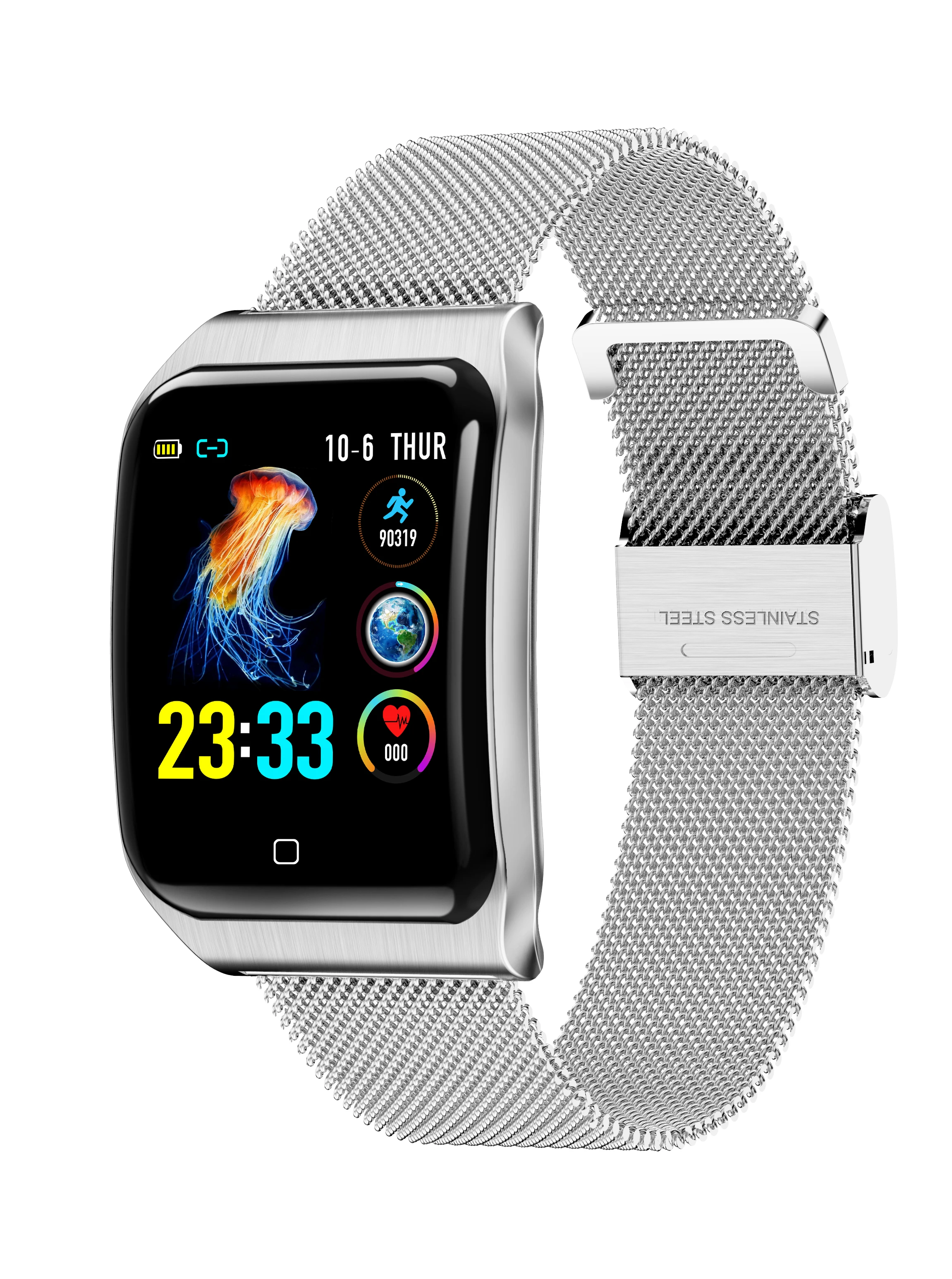 

Умные часы с экраном крови Давление и частоты сердечных сокращений Водонепроницаемый свои упражнения шагомером нержавеющая Смарт-часы Под...