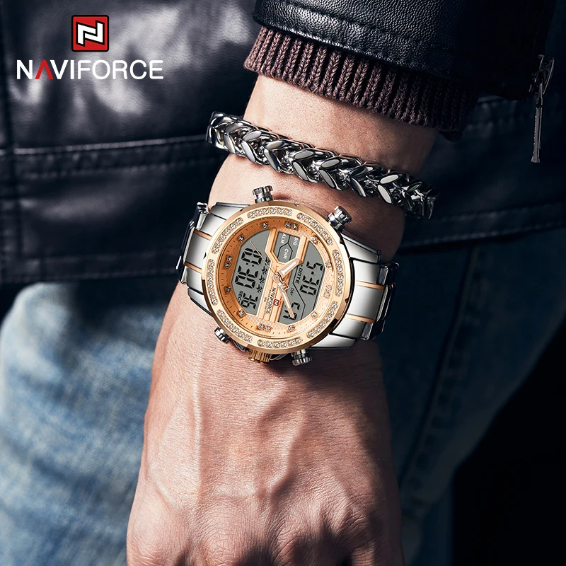 

Men Military Sport Wrist Watch Gold Quartz Steel Waterproof Luxury Clock Dual Display Male Watches Relogio Masculino
