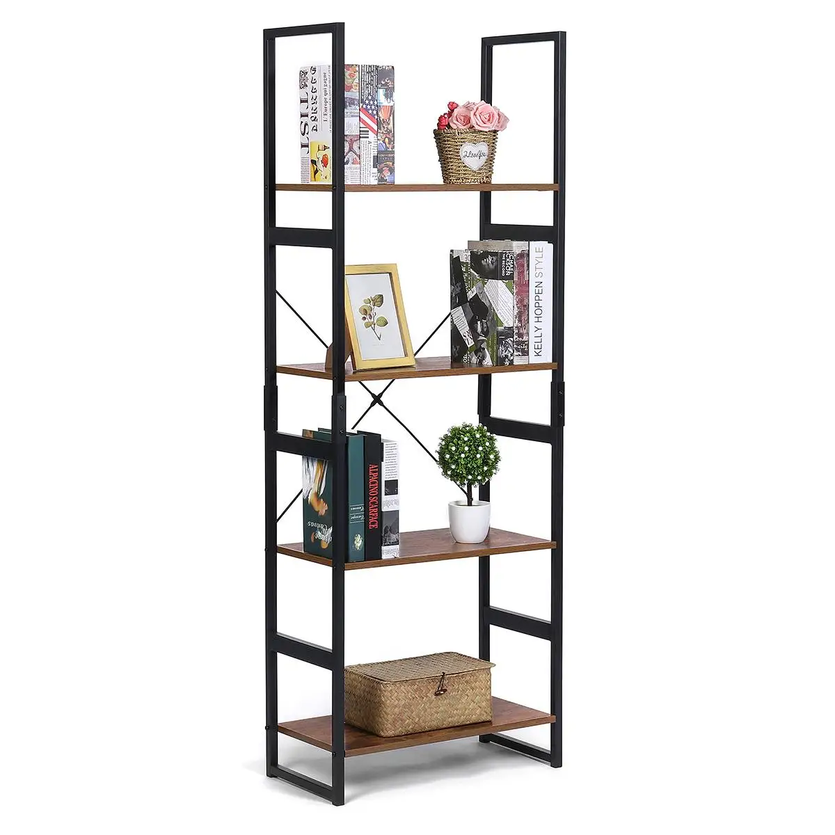 

4 Tiers Wooden Ladder Bookshelf Storage Racks Vintage Standing Bookcase Shelf Organizer Modern Metal Frame Home Office Furniture
