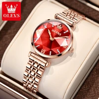 olevs elegant red clock luxury ladies quartz watch fashion diamond rose gold stainless steel strap waterproof women watch 6642